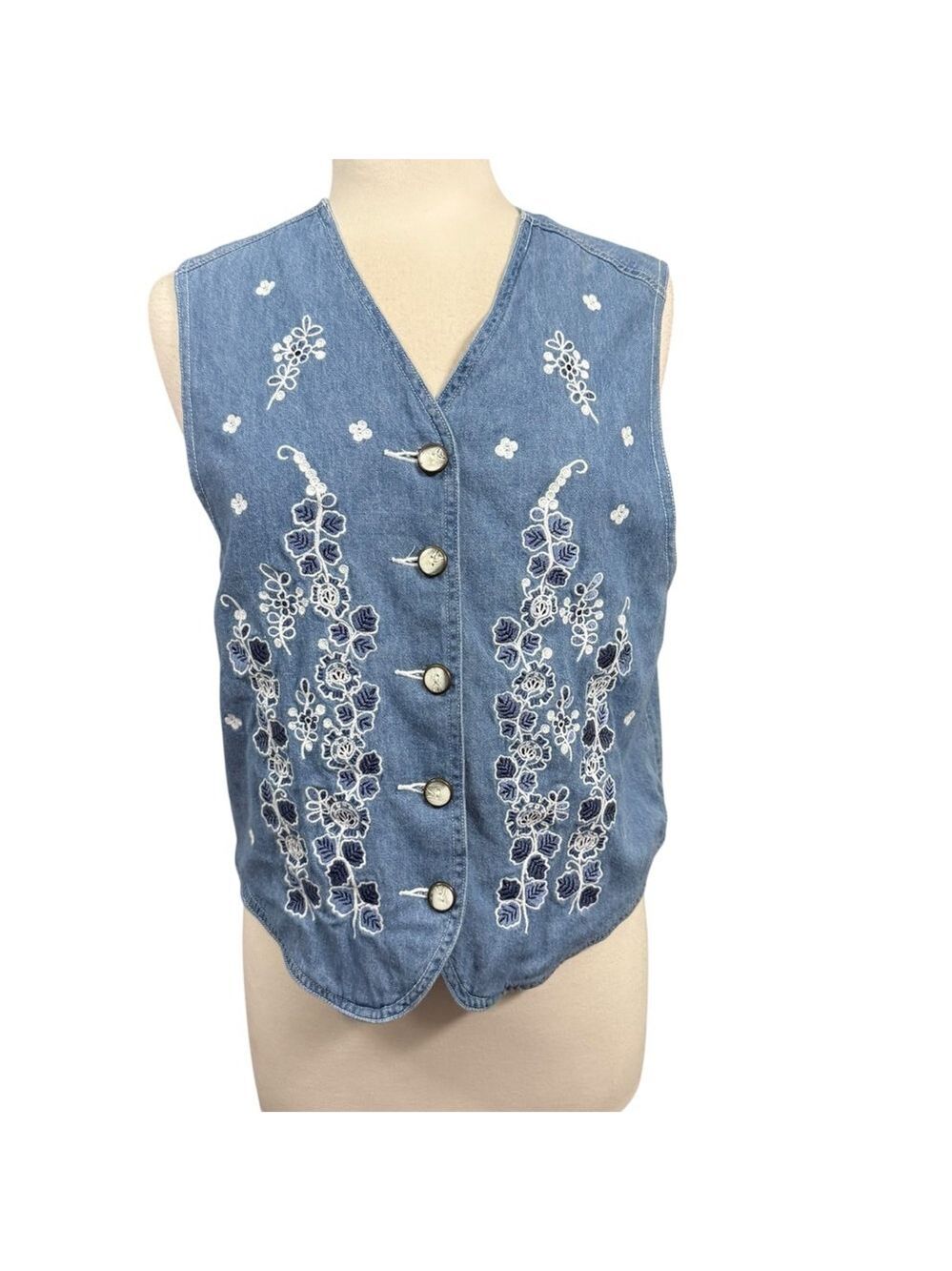 Vintage STONEBROOK Blue White Embroidered‎ Denim Vest M